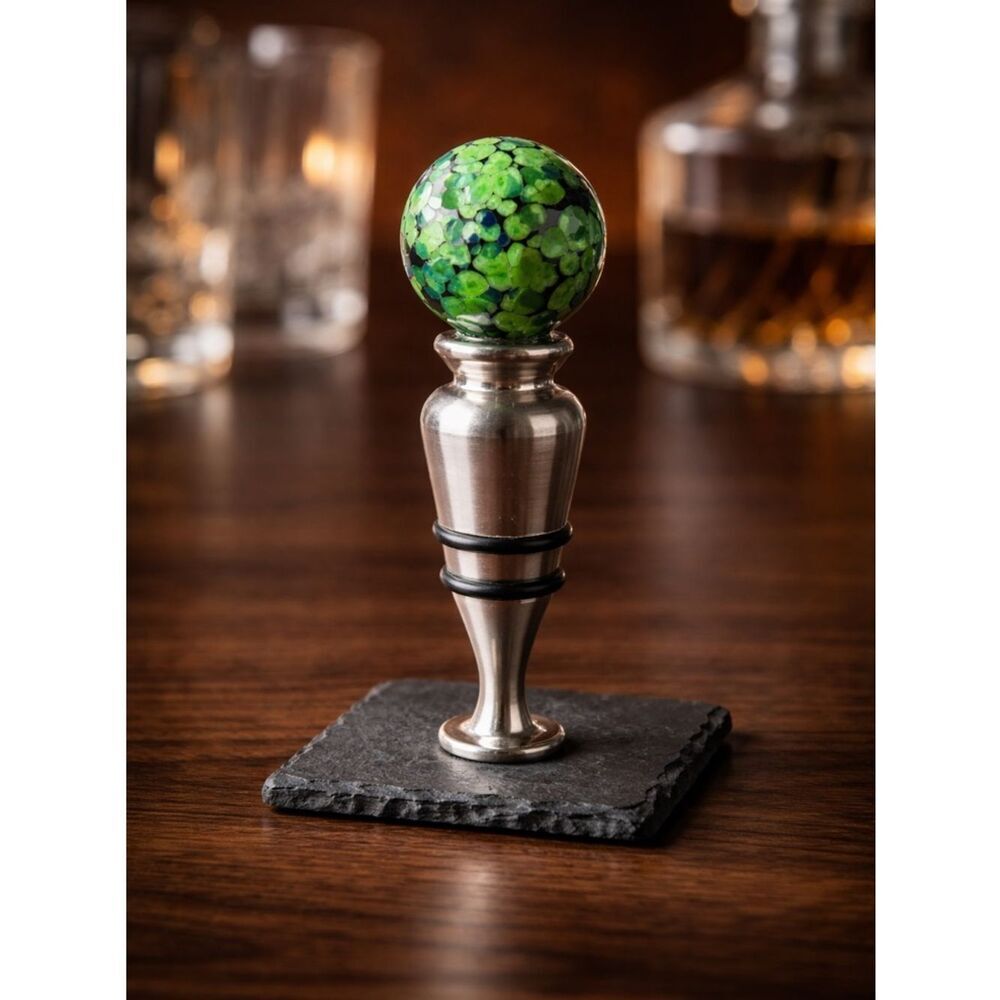 NIB - Silver Wine Bottle Stopper with Green ceramic ball